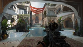 A screenshot of TiMi Studios' new Delta Force first-person shooter, showing the player running down a hallway with a scoped rifle.