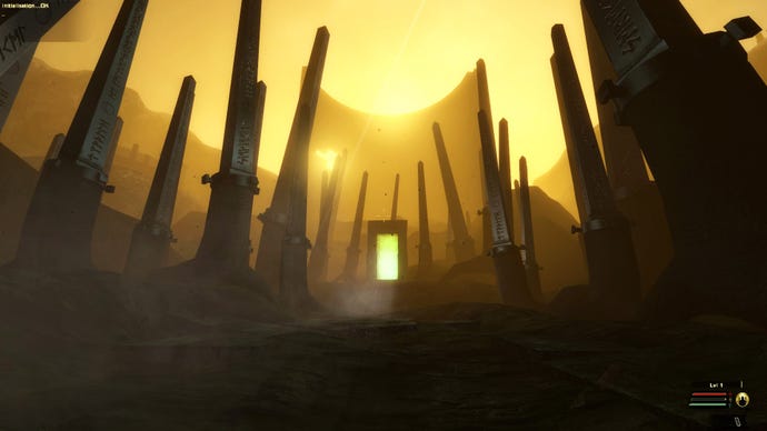 An eerie landscape full of obelisks and a glowing doorway in E.Y.E: Divine Cybermancy
