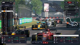 F1 cars on track surrounded by UI stats in F1 Manager 2022.