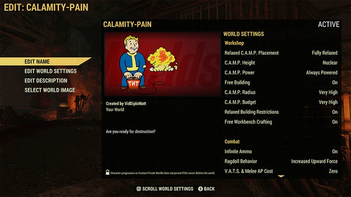 The menu for Fallout76's worlds settings