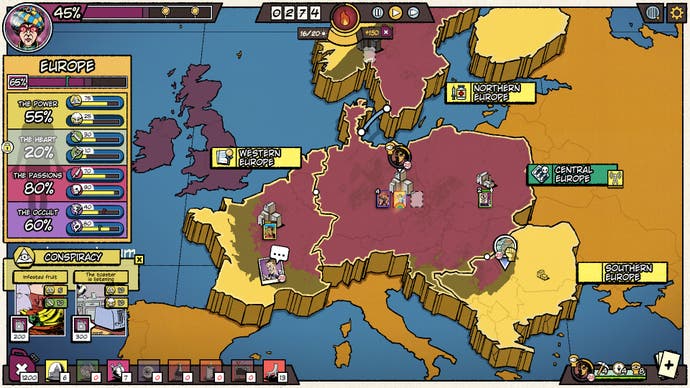 Una pantalla de mapa del simulador de estrategia The Fabulous Fear Machine, que muestra al jugador posicionando agentes en ciudades de Europa para esparcir una nube púrpura de miedo.