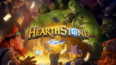 Hearthstone key art showing the logo, a small red-haired character playing a card game against a large imposing orc
