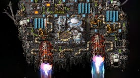 A floating space platform in Factorio's Space Age expansion.