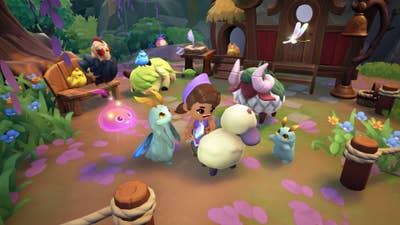 Fae Farm screenshot showing a player character in a farm yard brushing a sheep-like creature and surrounded by other cute fantasy creatures