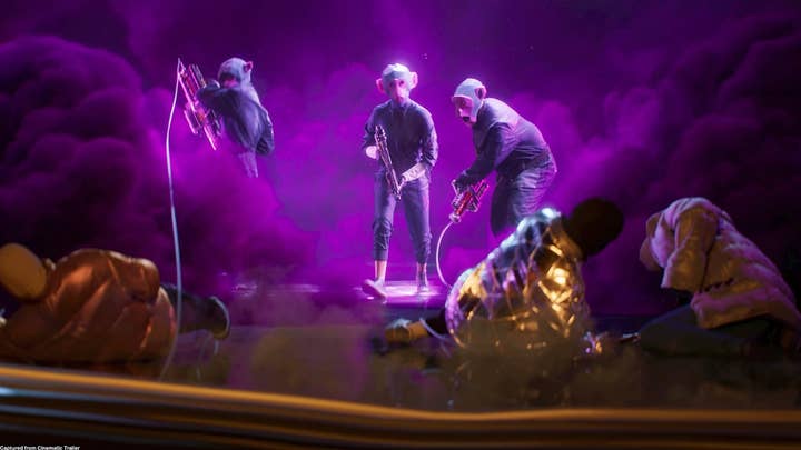 Three people in monkey masks in a cloud of purple smoke stand over three others on the ground in a shot from the Fairgame$ trailer
