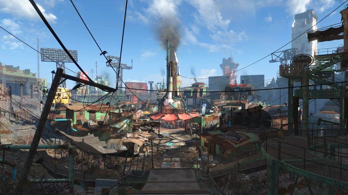 La Première Vue De Diamond City Dans Fallout 4, Un Bidonville Densément Peuplé À L'Intérieur D'Un Ancien Stade De Baseball