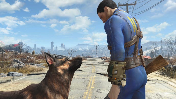 Un Homme Et Son Chien Dans Une Capture D'Écran De Fallout 4.