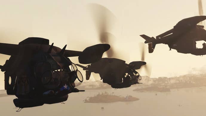Some vertibirds flying in Fallout 4.