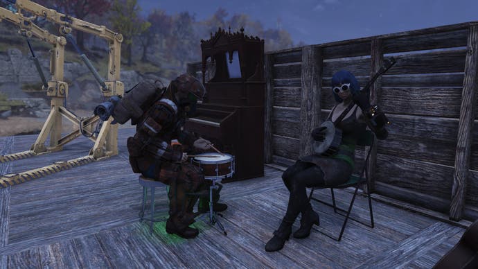 Fallout 76 State of the Game - playing banjo with a fellow player on the drums, on a wooden platform