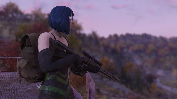 Fallout 76 State of the Game - the player character looking out over the view, with a straight, bold blue bob and white-rimmed 60s style sunglasses