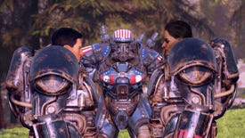 Some Brotherhood of Steel folks standing around in their red, white and blue power armour.