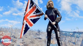 Fallout London mod - a modded Fallout 4 character with blonde hair and sunglasses and a Pip-Boy holds an British flag.