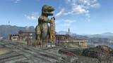 A wasteland road leading to a rundown hotel. A sign points to the hotel with the town's name, Novac. At the forefront is a massive T-Rex roadside attraction. Dinky holds a sign which reads MOTEL.