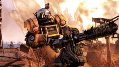 In Fallout 76, a character in power armor wields a chaingun covered in barbed wire