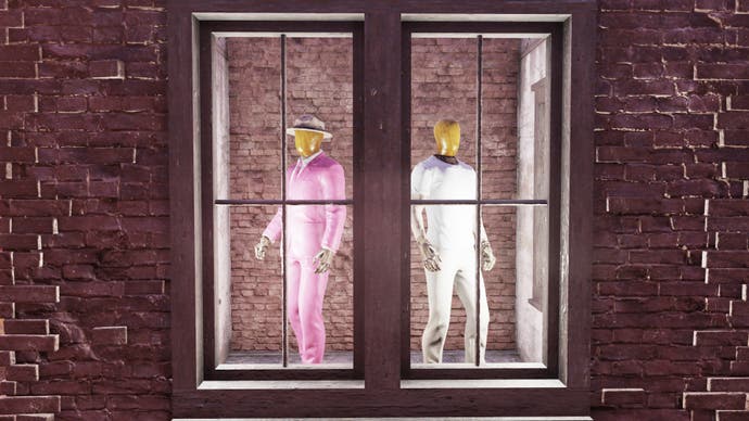 A window in a brick wall, behind which two clothed mannequins stand. One is in a pink suit, one is in white. They are very well lit.