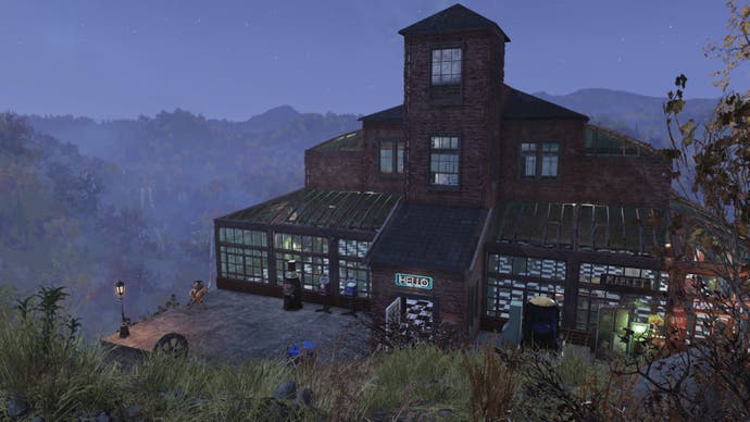 A large house on the very edge of a cliff, in Fallout 76.