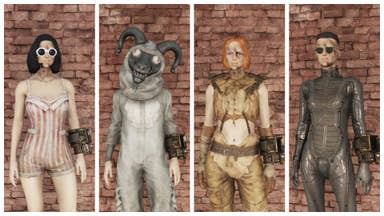 Four wildly different looks modelled next to each other in Fallout 76. One is a bathing suit, another is a Donnie Darko rabbit, the next is a leather chaps and waistcoat look, and the third is rubbery black bodysuit.