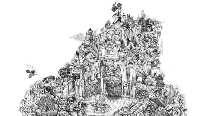 Black and white line-work artwork commissioned for the British Library's Fantasy: Realms of Imagination exhibition. It shows a mountain of, well, things, really, all inspired by popular fantasy. There's No-face from Spirited Away, there's a castle, there's a knight. It's a dense picture of many inspirations.