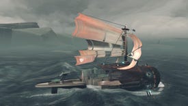 A scrappy ship sails across the ocean in a Far: Changing Tides screenshot.