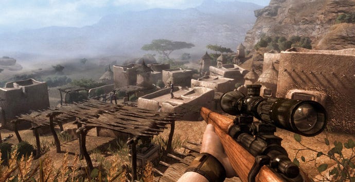 The player holds a sniper rifle as they look down onto rooftops in Far Cry 2