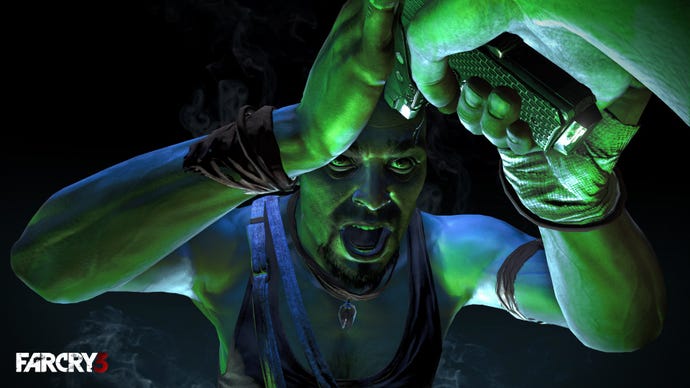 Vaas, the leader of a band of pirates, holds a gun against his own head