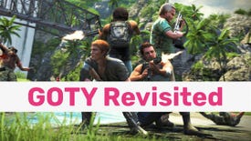 A screenshot of four players shooting back to back on a tropical island in Far Cry 3, with a text banner reading GOTY Revisited in pink