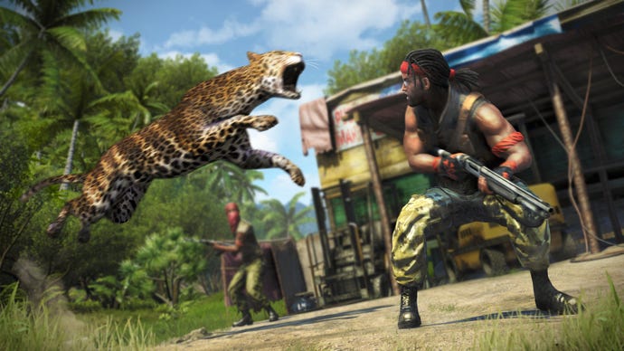 A leopard leaps at an enemy soldier in Far Cry 3, while a fellow enemy looks on, in the jungle.
