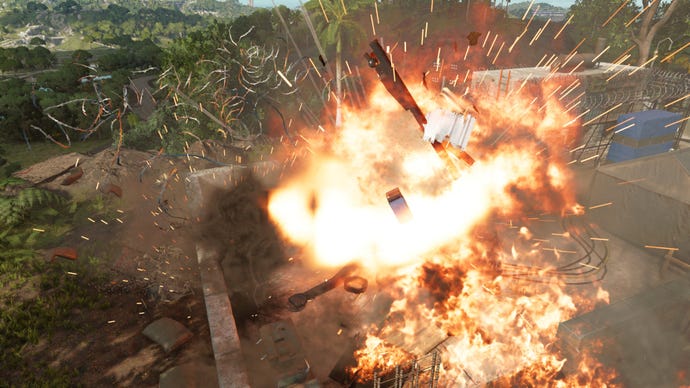 An Anti-Aircraft Cannon exploding in Far Cry 6.