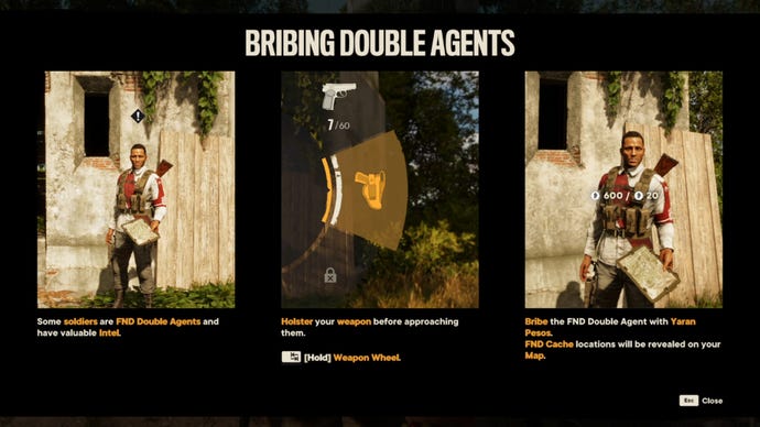 A tutorial in Far Cry 6 about bribing double agents.