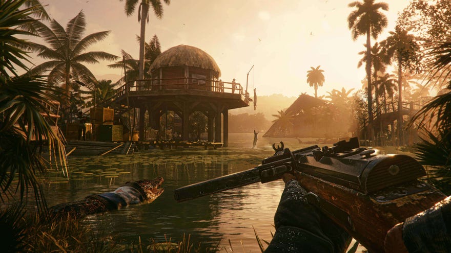 Far Cry 6: the player holds a crossbow while looking into a lake filled with crocodiles.