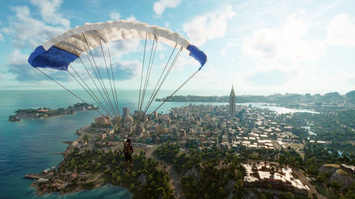 Far Cry 6: the player parachutes towards Esperanza, the capital city of Yara.