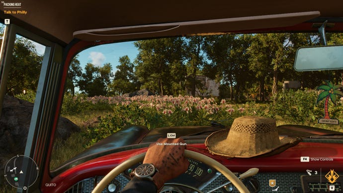A car interior in Far Cry 6, with HD textures switched off.