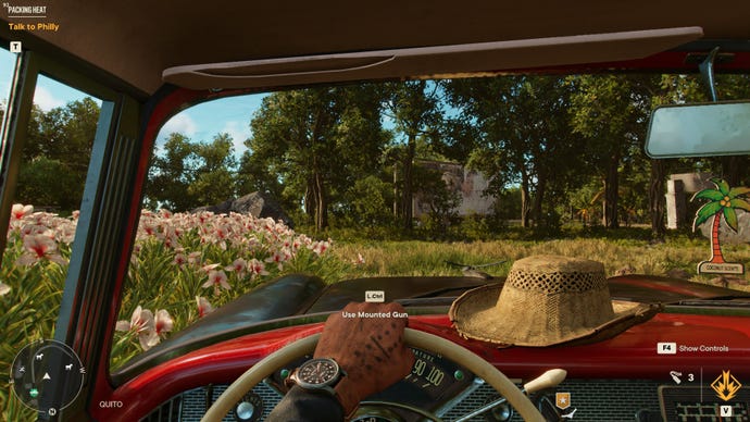 A car interior in Far Cry 6, with HD textures switched on.