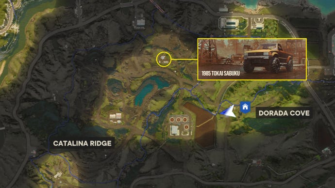A screenshot of part of the Far Cry 6 map with the 1985 Tokai Sabuku Ride location marked.