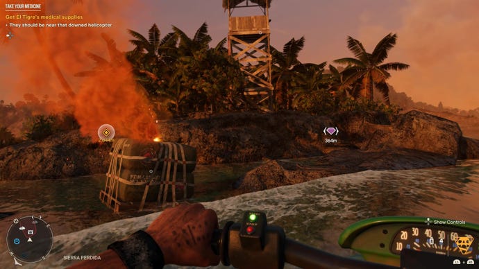 Dani pulls up beside a supply drop that's fallen by the coast in Far Cry 6.