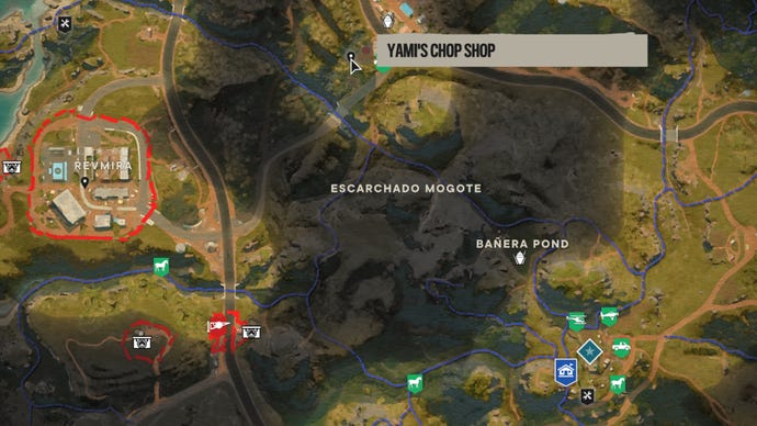 A screenshot of part of the Far Cry 6 map with Yami's Chop Shop marked.