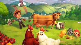 A farmer with a cow and chickens in FarmVille 2 artwork.