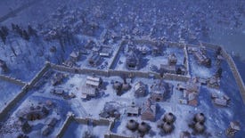 A snowy wee medieval village surrounded by walls in townbuilder Farthest Frontier.