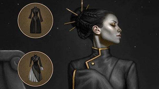 Artwork depicting a woman wearing a Havah from The Stormlight Archive