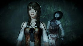 A screenshot of Fatal Frame: Maiden Of Black Water showing a young woman in a dark environment with a grim lady monster behind her.