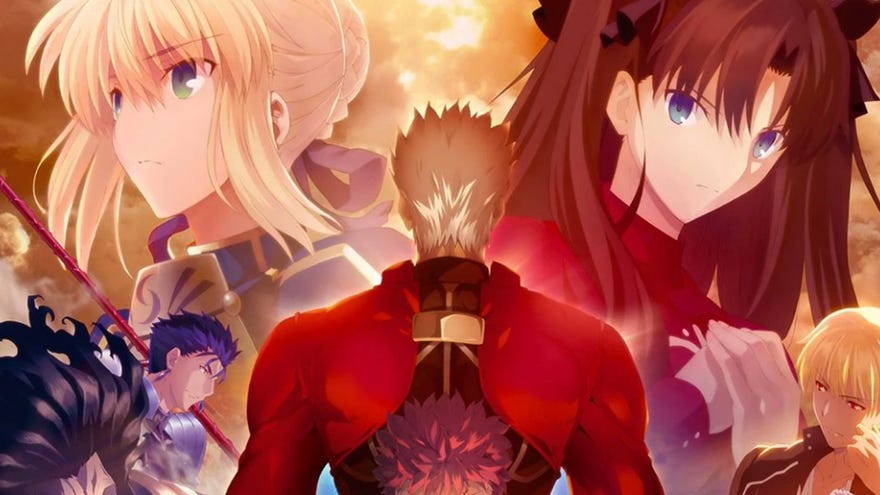 Artwork for Fate/stay night showing anime characters pulling serious and focused poses.