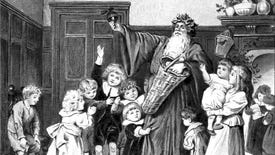 Father Christmas handing out gifts in an illustration from 'The Coming of Father Christmas'.