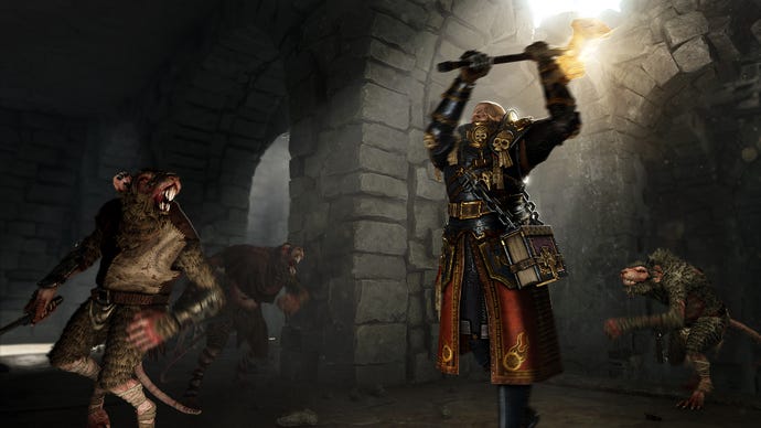 Vermintide 2's Saltzpyre raises a glowing hammer with which to whack a rat.