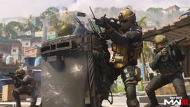 Soldiers in Call of Duty: Modern Warfare 3's 2023 remake, fighting from behind a huge tower shield on a new Favela map.