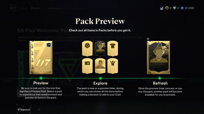 A tooltip screen explaining preview packs in EA Sports FC 24's store - card packs that let you preview the sorts of cards inside a pack in Ultimate Team