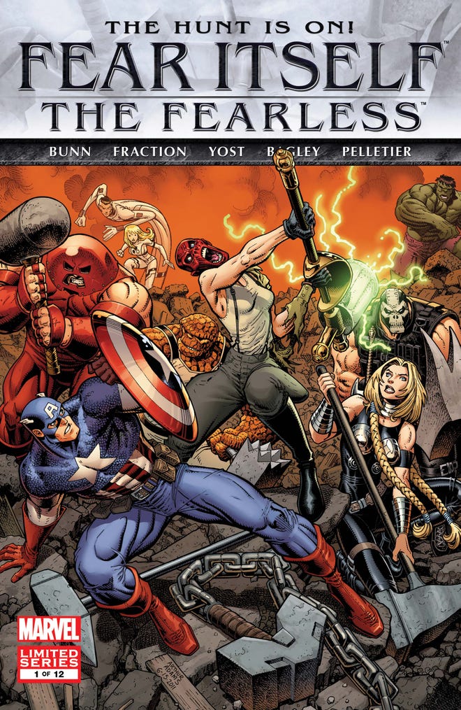 Cover of Fear Itself showcasing Captain America and Valkyrie fighting side by side