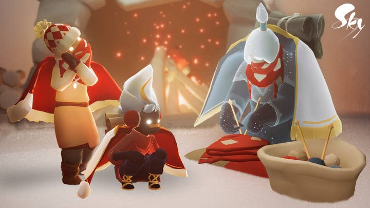 Two Sky characters dressed in knit outfits in front of a grandmother character knitting a cape