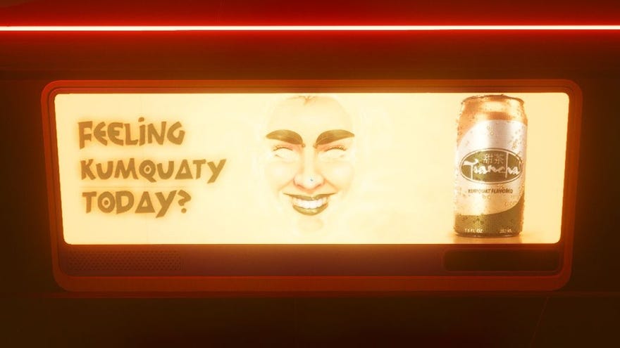 An advert from Cyberpunk 2077 for a kumquat flavoured drink. It is bright orange, with a creepy face in the middle next to the words 'FEELING KUMQUATY TODAY?'