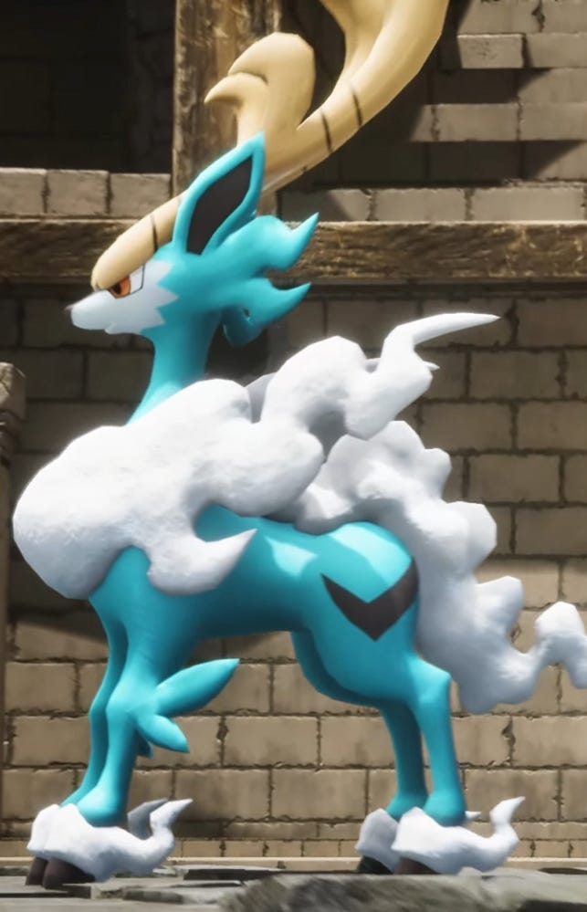 Der Fenglope in Palworld, ein vierbeiniges Monster mit Hörnern und flauschigem blau-weißem Fell