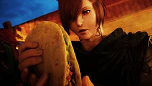 A character from Final Fantasy 14, androgynous and red-haired, stands holding a taco. They look at it longingly.